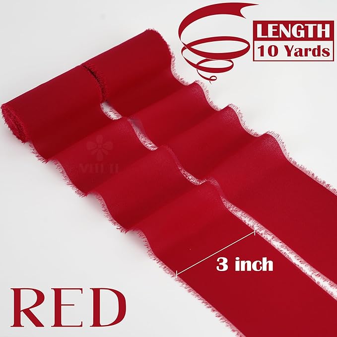 MEEDEE Red Chiffon Ribbon 3 Inch Frayed Ribbon Chiffon Silk Red Fringe Ribbons Wide Chiffon Ribbons for Crafts, Flower Bouquet, Wedding Favors Wrapping (2 Rolls 10 Yards)