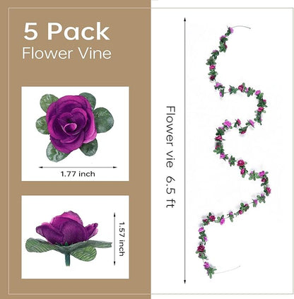 Miracliy 5Pcs 41FT Purple Flower Garland Artificial Rose Arch Vines Fake Spring Floral Garland for Flower Wall Backdrop Wedding Mothers Day Garden Tea Party Decoration