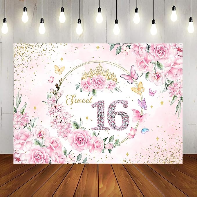Mocsicka 7x5ft Sweet 16 Backdrop Sweet 16 Banner Decorations for Girls Birthday Party Pink Floral Gold Dots Sweet 16 Background Sweet Sixteen Decorations Photo Booth Props