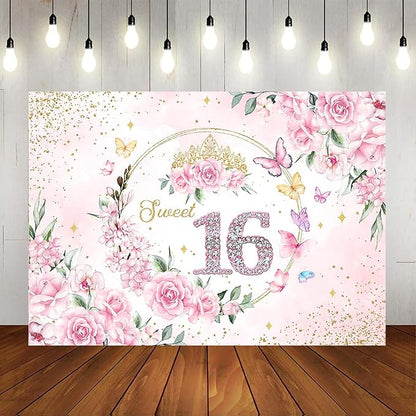 Mocsicka Sweet 16 Backdrop Rose Gold Sweet Sixteen Party Decoration Girls Pink Floral Gold Glitter Butterfly 16 Birthday Banner for Photoshoot (6x4ft)