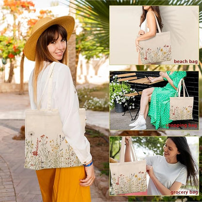 Aesthetic Floral Canvas Tote Bag for Women with Pocket, Tote Bags for Grocery Shopping Travel Christmas Birthday