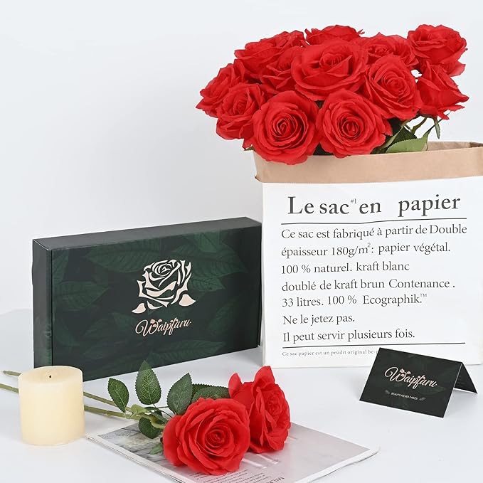 Waipfaru 16 Pcs Artificial Flowers Fake Silk Roses, Faux Real Touch Roses Bouquet with Long Stem for Wedding Party Home Decor (Red)