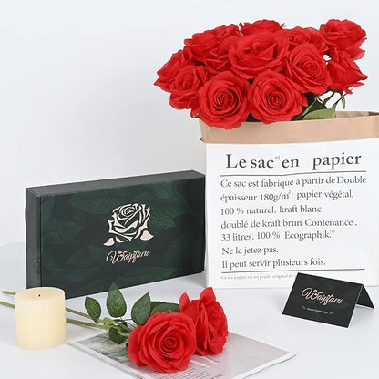 Waipfaru 16 Pcs Artificial Flowers Fake Silk Roses, Faux Real Touch Roses Bouquet with Long Stem for Wedding Party Home Decor (Red)