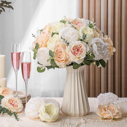 98 Pcs Assorted Faux Flowers Heads with Stem Eucalyptus Leaves Silk Artificial Flowers Bouquet Floral Table Centerpieces for DIY Wedding Party Wreath Home Decoration(Champagne,Stylish Style)