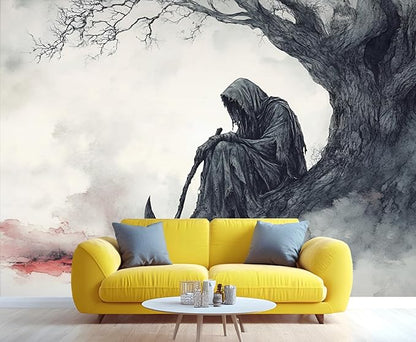 Grim Reaper Sitting Tree Wall Mural, Gothic Death 3D Wall Murals, Gothic Halloween Themed Wallpaper Mural, for Living Room Bedroom Large Wallpaper Indoor Decor 157.5" W x110.3 H