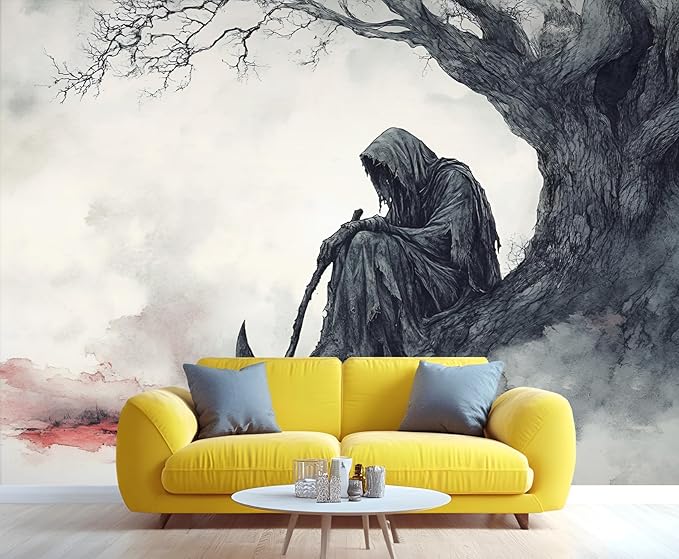 KIREUPA Grim Reaper Sitting Tree Wall Mural, Gothic Death 3d Wall Murals, Gothic Halloween Themed Wallpaper Mural, for Living Room Bedroom Large Wallpaper Indoor Decor 98.4" W x68.9 H