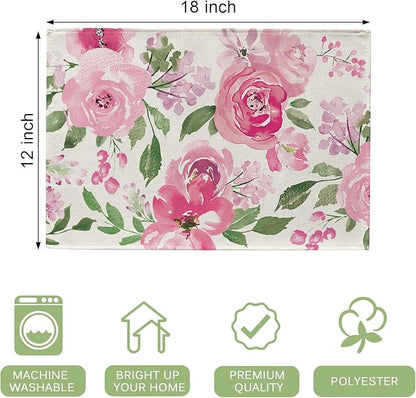 Seliem Spring Summer Watercolor Flower Placemats Set of 4, Pink Peony Floral Dining Table Place Mats, Seasonal Kitchen Decor Home Decoration 12 x 18 Inch