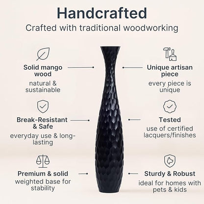 Leewadee Large Black Home Decor Floor Vase - Wooden 41 inch Tall Farmhouse Decor Flower Holder for Fake Plant and Pampas Grass