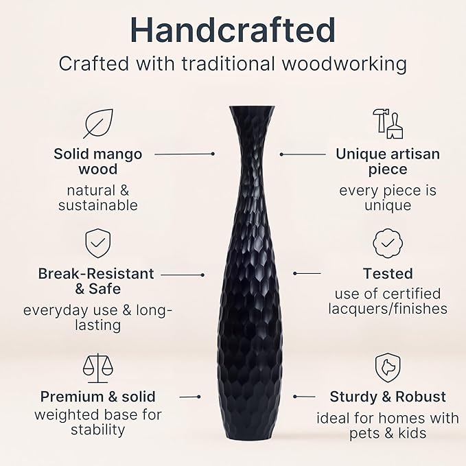 Leewadee Large Black Home Decor Floor Vase - Wooden 26 inch Tall Farmhouse Decor Flower Holder for Fake Plant and Pampas Grass