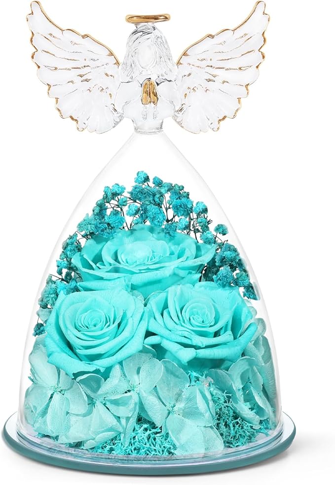 FIACO Preserved Flower Rose Gifts for Women, Forever Eternal Fresh Flowers in Glass Angel Figurines Flowers for Delivery for Grandma Mom Sister Her Wife on Mothers Day Birthday Christmas Thanksgiving