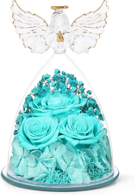 FIACO Preserved Flower Rose Gifts for Women, Forever Eternal Fresh Flowers in Glass Angel Figurines Flowers for Delivery for Grandma Mom Sister Her Wife on Mothers Day Birthday Christmas Thanksgiving