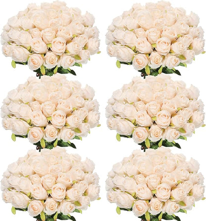 Jexine 50 Pcs Artificial Rose Flower Bulk Realistic Silk Fake Roses with Long Stem Plastic Artificial Flower Bouquet Real Looking for Home Wedding Centerpieces Party Decoration(Beige Champagne)