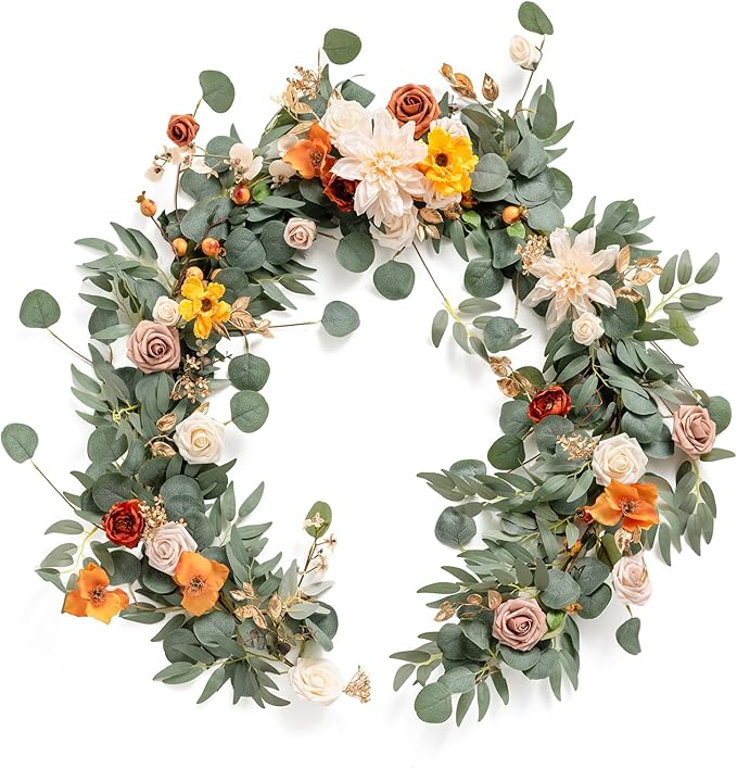 Ling's moment Fall Flower Garland - 6FT Eucalyptus & Rose - Sweetheart Table Decor for Wedding Reception, Artificial Floral Garland for Mantle, Thanksgiving, Christmas Decoration, Sunset Terracotta