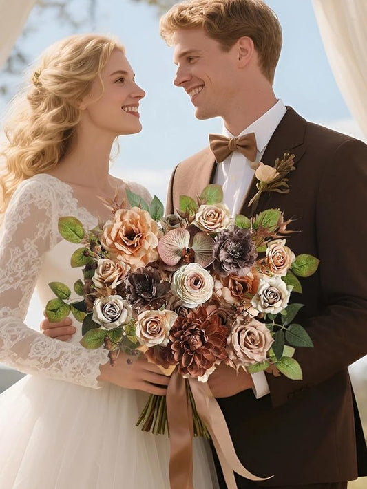 Coffee Artificial Flowers Combo Brown Silk Flowers Fake Roses Dahlia with Stems for DIY Wedding Bridal Bouquets,Table Centerpieces,Cake Floral Arrangement,Baby Shower,Birthday Home Decor