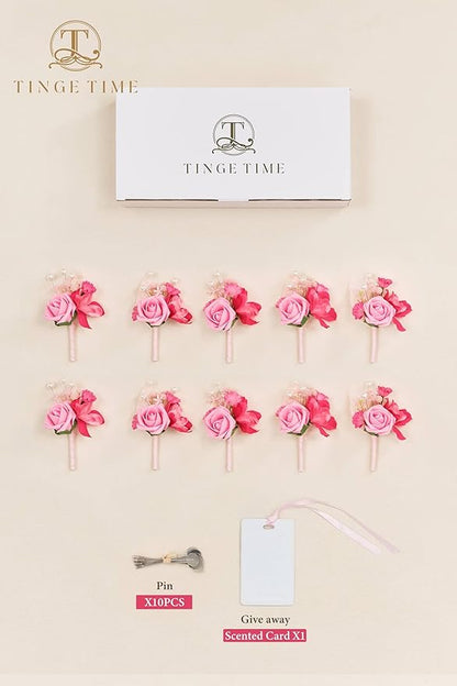 TINGE TIME Boutonniere for Men Wedding,Groom and Best Man Boutonniere for Wedding Ceremony Anniversary, Formal Dinner Party and Rustic Spring Wedding Marriage (10, HotPink)