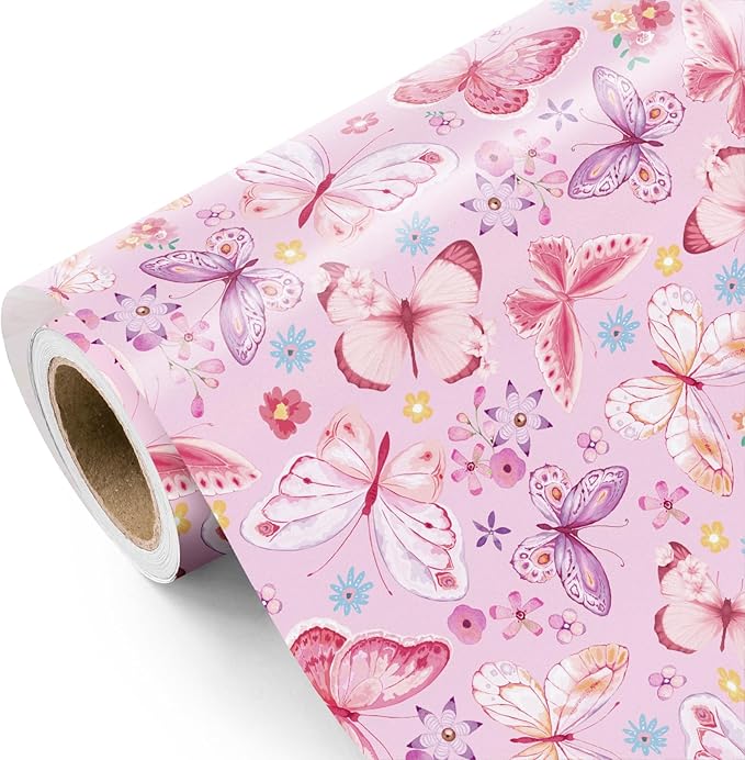 WRAPAHOLIC Pink Butterfly Wrapping Paper Roll - Mini Roll - 17 Inch x 9.8 Feet - Fantasy Floral Butterfly Design, Perfect for Birthday, Wedding, Bridal Shower
