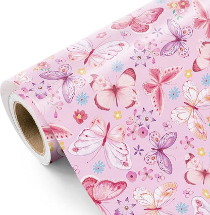 WRAPAHOLIC Pink Butterfly Wrapping Paper Roll - Mini Roll - 17 Inch x 9.8 Feet - Fantasy Floral Butterfly Design, Perfect for Birthday, Wedding, Bridal Shower