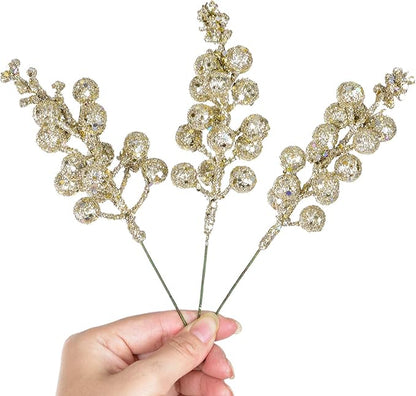Lvydec 16pcs Christmas Glitter Berries Stems, 7.8" Artificial Christmas Picks for Christmas Tree Ornaments, DIY Xmas Wreath, Crafts, Holiday and Home Decor (Champagne)