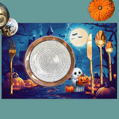 Halloween Cute Ghosts Pumpkin Placemats Set of 6 PVC Vinyl Non Slip Table Mats Heat Resistant Place Mats Washable Wipeable Dining Table Mat for Kitchen Decor Party Indoor Outdoor Decorative Gift