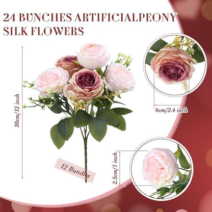 Geosar 24 Bundles Artificial Peonies Flowers Fake Silk Peony Bouquet Faux Peonies Flowers Bulk for Decoration Vase Floral Arrangements Wedding Party Table (Dusty Rose)