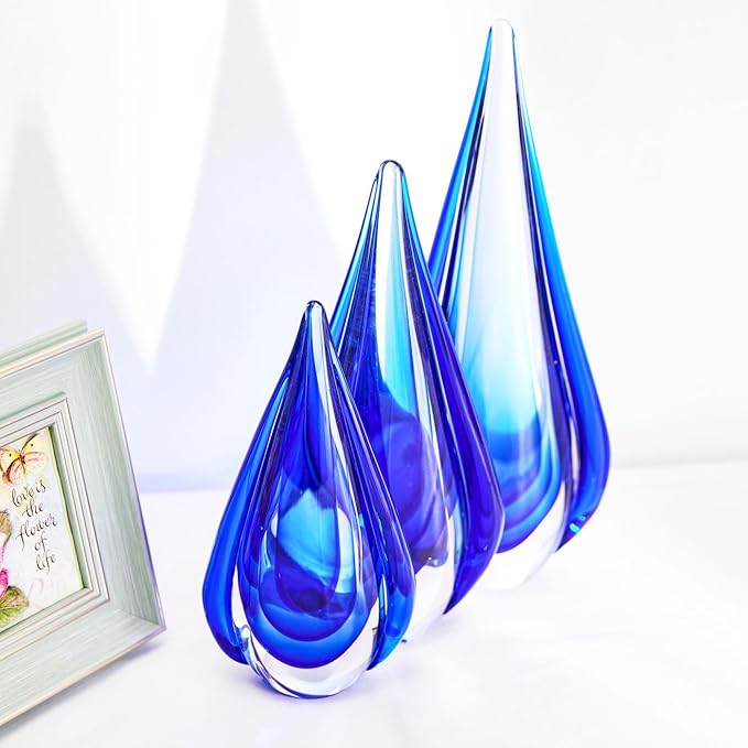 Luxury Lane Hand Blown Water Drop Sommerso Art Glass Sculpture for Home Decor 13 inch Tall Centerpiece Table Decoration