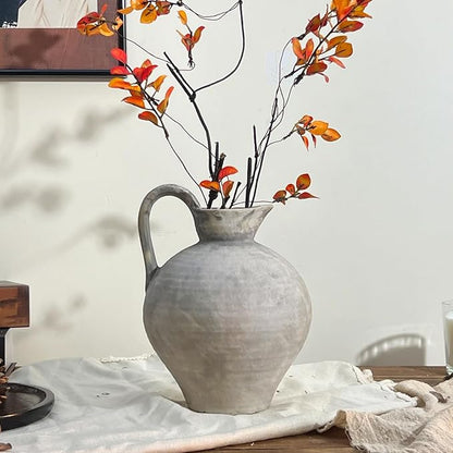 Ceramic Rustic Farmhouse Vase with Handle, 8.7 Inch White Gray Vintage Vase, Rustic Ceramic Pottery for Home Decor, Farmhouse Decor Centerpiece for Kitchen, Living Room, Entryway