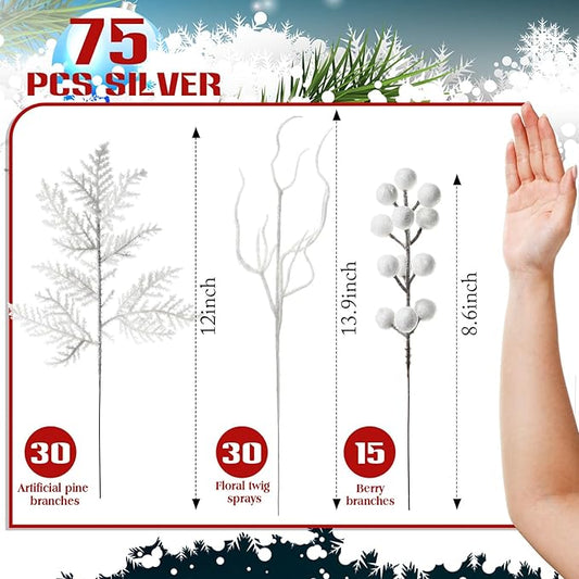 75 Pcs Christmas Glitter Branches 3 Styles Artificial Christmas Picks Berries Stems Pine Needles Floral Twig Spray for Xmas Tree Ornaments DIY Wreath Garland(White)