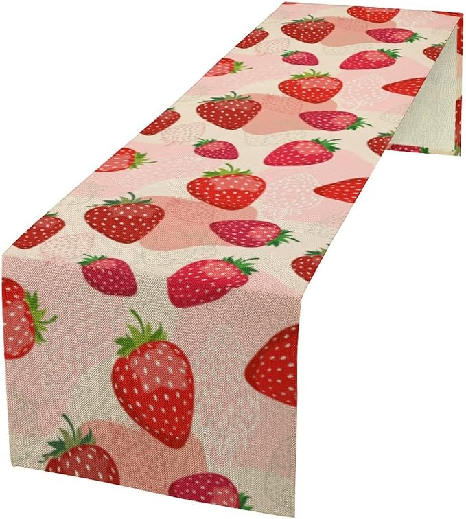 Strawberry Table Runner, Spring Summer Fruit Birthday Party Decoration Dining Room Home Kitchen Table Decor 13 x 108In