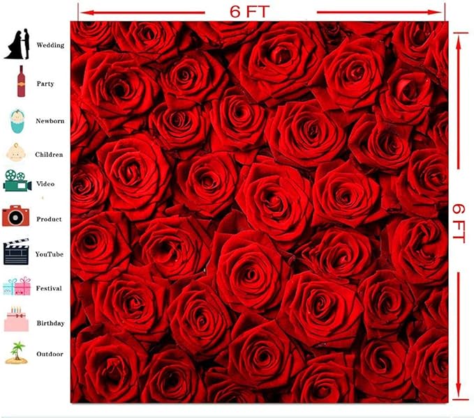 Avezano Valentine's Day Backdrop Rose Flower Wall Photo Background Red Rose Wedding Bridal Shower Photography Backdrop Mother's Day Birthday Party Dessert Table Banner (6x6ft)