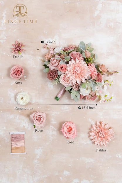 TINGE TIME 13 Inch Wedding Bouquets for Bride,Bridal Bouquet for Bride, Artificial Silk Flowers for Wedding Ceremony and Anniversary (Dusty Rose & Cream)