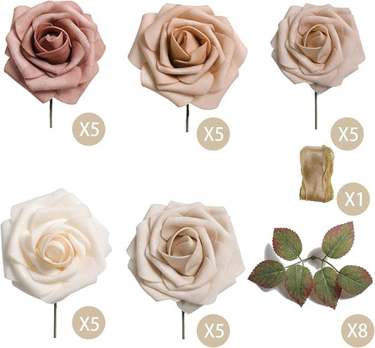 Artificial Roses Flowers 25pcs Morandi Peach Ombre Colors Foam Fake Roses with Stems for DIY Wedding Bouquets Bridal Shower Centerpieces Party Home Decorations