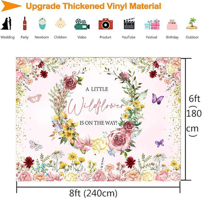 InMemory Wildflower Baby Shower Backdrop Pink Floral Party Decorations for Girls,A Little Wildflower is On The Way Banner Background Wild flower Theme Baby Shower Party Supplies Photobooth Props 8x6ft