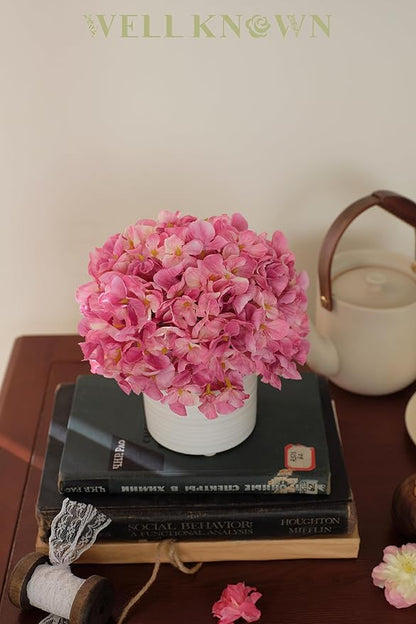 Hydrangea Fake Flowers in Vase, Artificial Flowers with Ceramic Vase Small Faux Potted Floral Arrangements for Bathroom Home Desk Kitchen Counter Vanity Shelf Coffee Table Centerpiece Decor (Hot Pink)