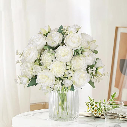 SOMYTING Peonies Artificial Flowers, Fake Flowers White Peonies Faux Flowers Vintage Artificial Silk Flower Peonies Bouquets Floral Arrangements Home Wedding Party Coffee Table Decor (White, 2PCS)