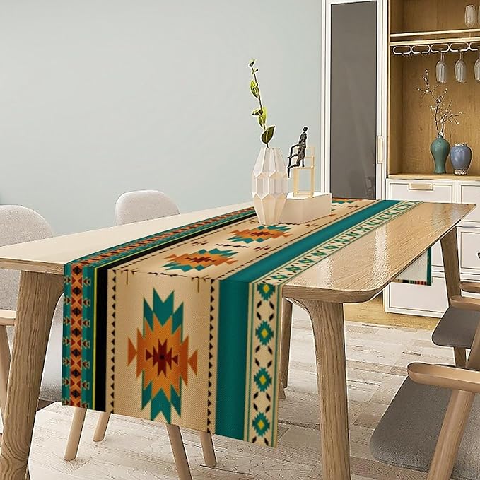 Aztec Southwest Table Runner, Ethnic Style Design Geometric Triditional Kitchen Table Runners Table Setting Decor for Garden Farmhouse Wedding Party Holiday Dinner Home, 13x60 Inch