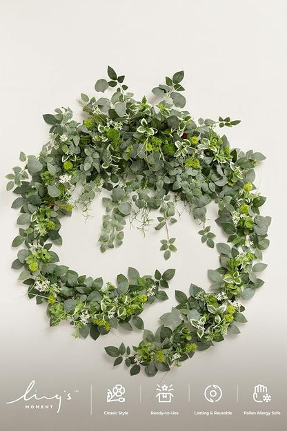 Ling's Moment 9FT Flower Garland for Backdrop Decorations - Wedding Arch Flowers, Eucalyptus & Rose, Artificial Floral Garland for Mantle - Sweetheart Table Decor for Beach Reception, Green