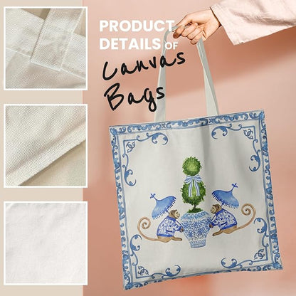 Blue and White Chinoiserie Prints Canvas Tote Bag for Women, Reusable Folding Shopping Bags with Handles