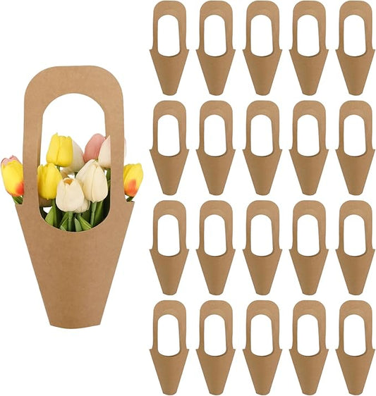 Jeqqinuz 20 PCS Flower Bags for Bouquets, Kraft Paper Gift Bags with Handle, Floral Wrapping Paper for Bouquet Packaging, Wedding Graduation Party Favors, Brown Cone Sleeves Home Decoration