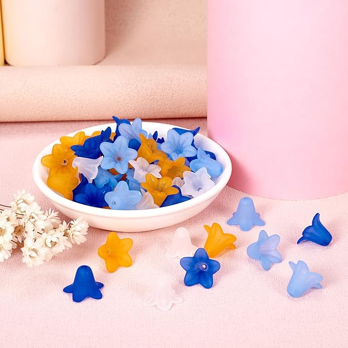 50Pcs Trumpet Flower Beads Frosted Acrylic Flower Bead Caps Blue Charms Bell Floral Pendants Floral Spacer Beads End Caps for Jewelry Making