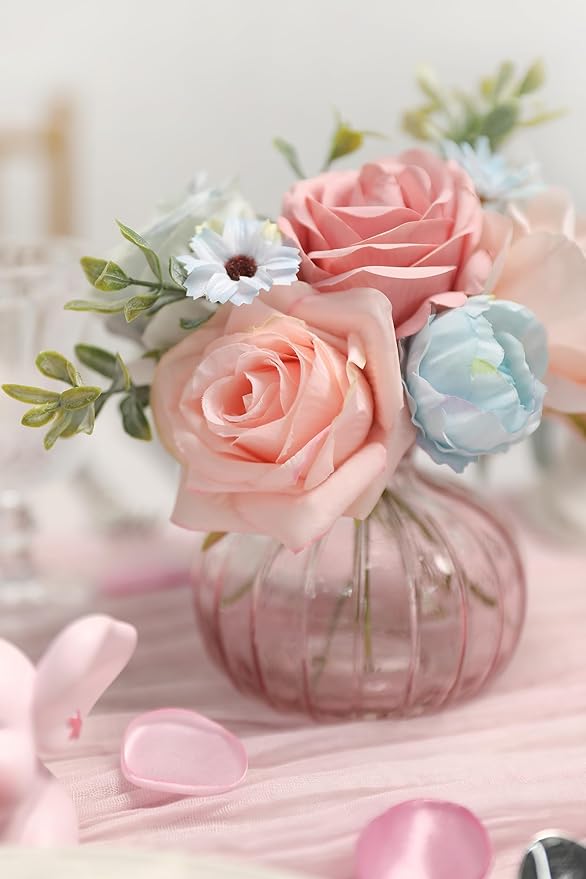 Blue Pink Artificial Flowers Combo Set Fake Flower Leaf Box with Stemst for DIY Wedding Bridal Bouquet, Centerpieces, Home Decor, Floral Arrangement Decor