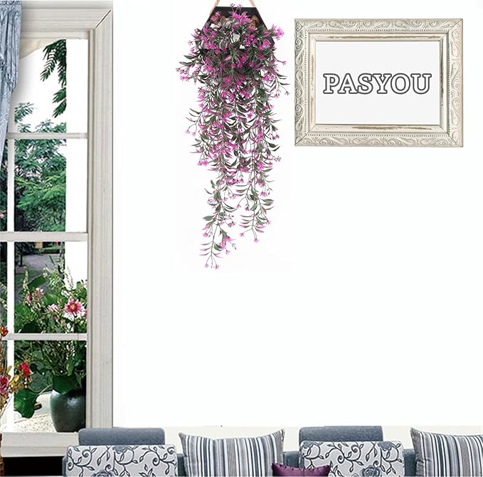 Artificial Hanging Plant for Outdoor Decor, Fake Vine Plants Faux Plastic Ivy Leaves Foliage UV Resistant Greenery Flowers Home Garden Indoor Door Wall Wedding Party Decoration - Fuchsia 4 Pack