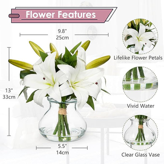 Artificial Flowers Tiger Lily Real Touch with Vase Easter Lily White Lilies Silk Faux Flowers Arrangements in Glass Vase with Faux Water Easter Decor Fake Floral Bulk Bouquet for Office Home Decor