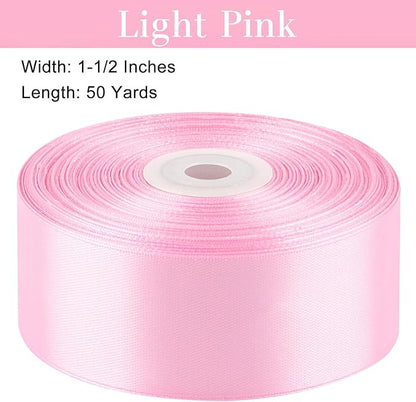 1-1/2 Inches 50 Yards Light Pink Satin Ribbon, Solid Fabric Ribbon Roll for Flower Bouquets, Gift Wrapping, Wedding, Handmade Crafts