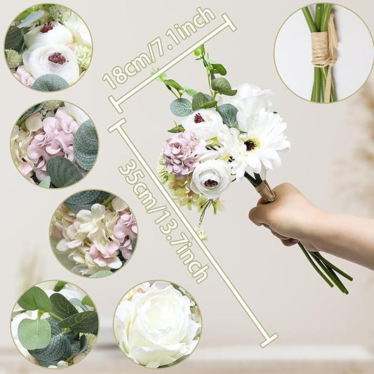 Zerzsy Artificial White Peony Flower Bouquet with Green Leaves Stem, 4pcs Stems Silk Flowers Bouquet Fake Peonies Flower Arrangements Vase Decorating for Centerpiece Table Wedding Party Home