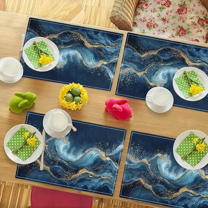 Abstract Blue Wave Placemats Set of 6, Sea Navy Double-Sided Table Mats for Kitchen Home Party Indoor Decor 6 PCS 12x18 Inch