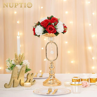 NUPTIO Flower Centerpieces for Wedding Tables: Red & White Artificial Flower Ball Arrangement for Christmas Thanksgiving Party - 2 Pcs Fake Floral Rose for Bridal Shower Decor