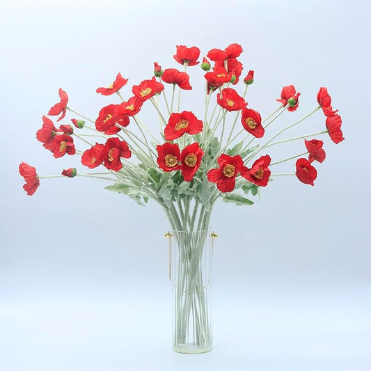 2 Pcs Artificial Fake Flowers Plants Poppies Silk Flower Arrangements Wedding Bouquets Decorations Plastic Floral Table Centerpieces for Home Kitchen Garden Party Decor Approx 23.6" High - Red