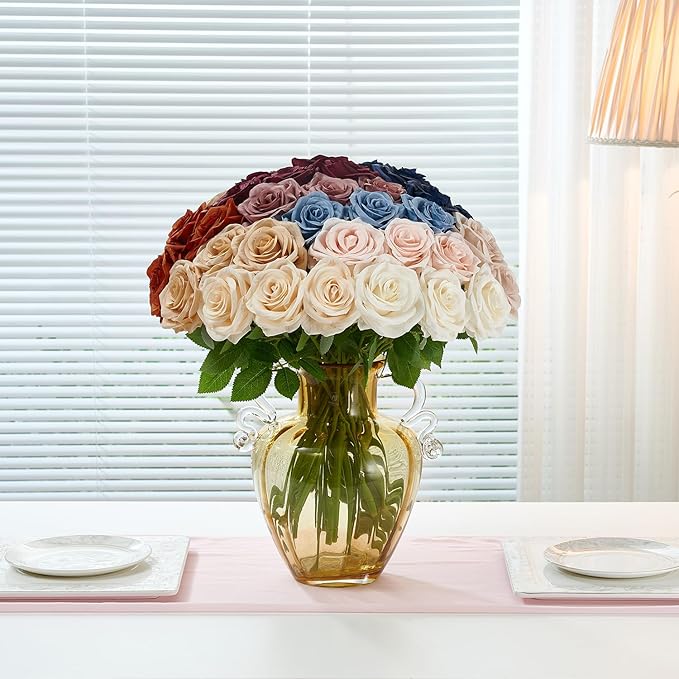 50Pcs Champagne Roses Artificial Flowers Artificial Silk Roses Bulk,Fake Roses Flower with Stems Realistic Flowers for Wedding Centerpiece Home Party Decor