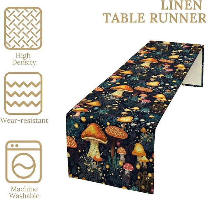 Mushrooms Forest Table Runner, Fairy Woodland Wildflower Herbs Plants Colorful Botanical Natural Farmhouse Table Runner for Kitchen Dining Table Decor, 13x36inch