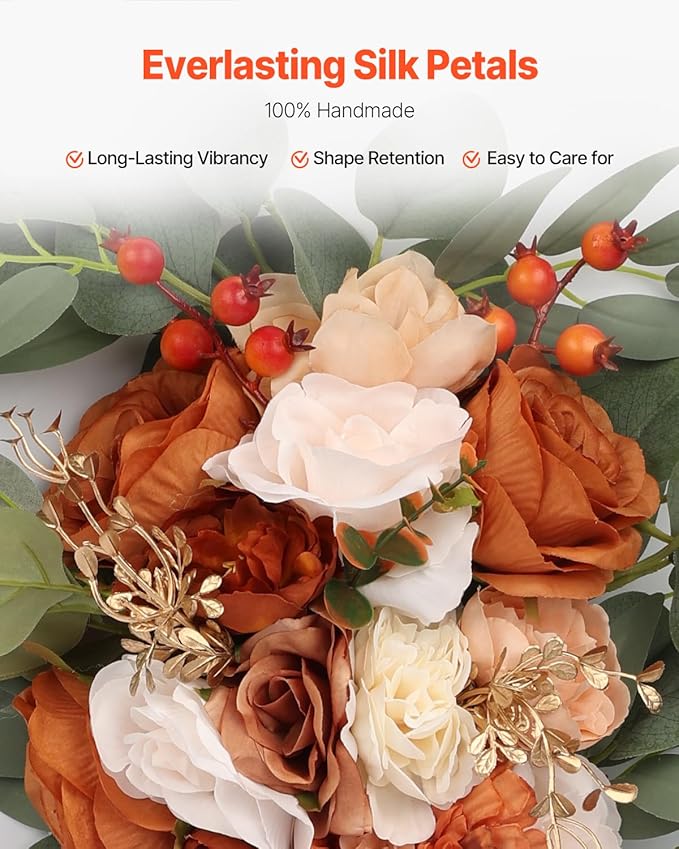 VEVOR Artificial Wedding Arch Flowers Kit, Orange Wedding Arch Flowers with Drapes Kit (Pack of 4) - 2 Pcs Floral Arrangement, 2 Pcs Sheer Drapes, for Ceremony Bouquets Reception Backdrop Decoration